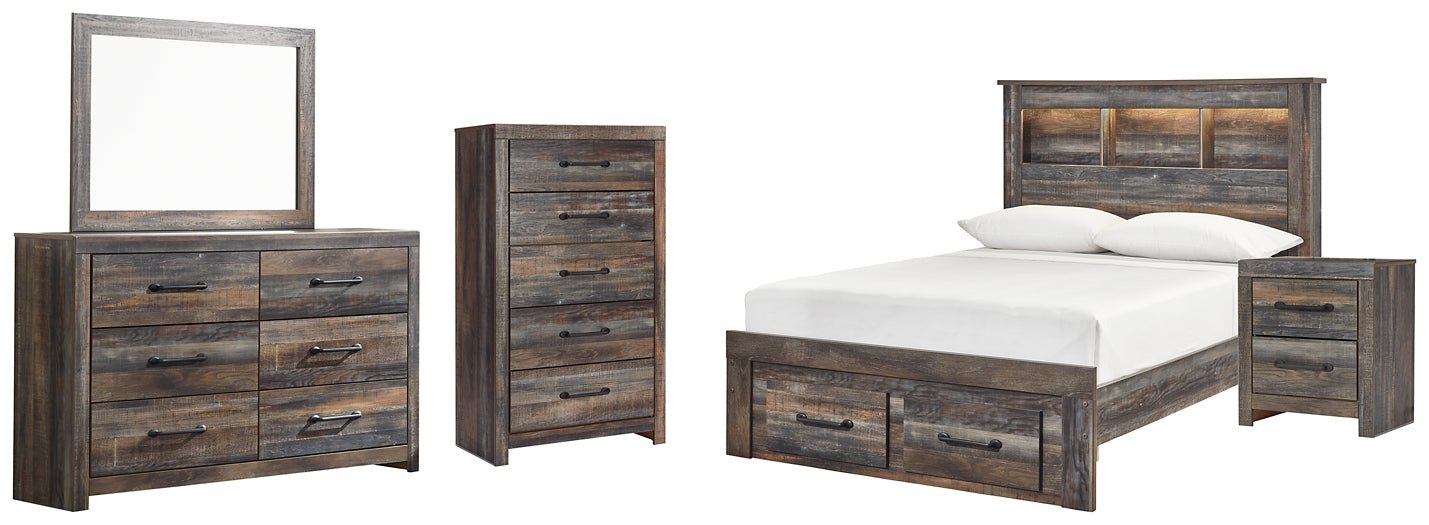 Drystan Full Bookcase Bed with 2 Storage Drawers with Mirrored Dresser, Chest and Nightstand - Premier Furniture & Mattress