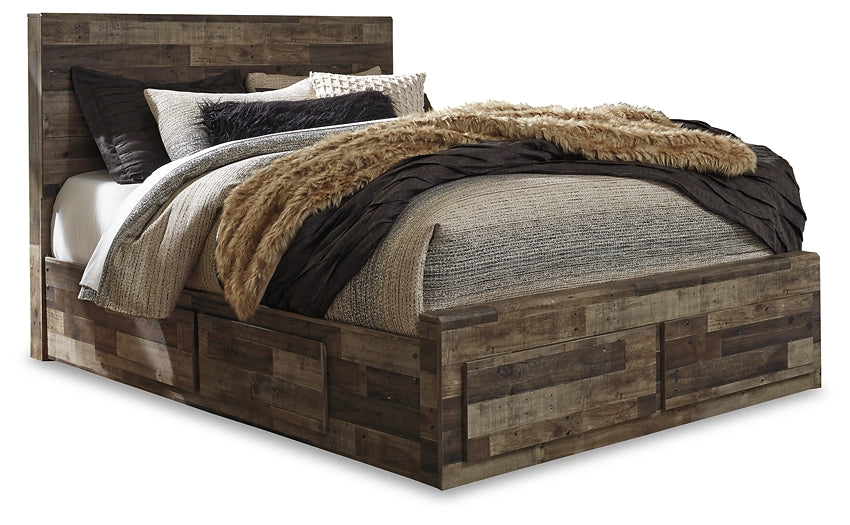 Derekson Queen Panel Bed with 4 Storage Drawers with Mirrored Dresser and Chest - Premier Furniture & Mattress