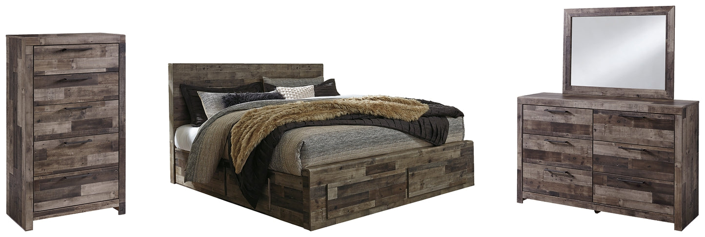 Derekson King Panel Bed with 6 Storage Drawers with Mirrored Dresser and Chest - Premier Furniture & Mattress