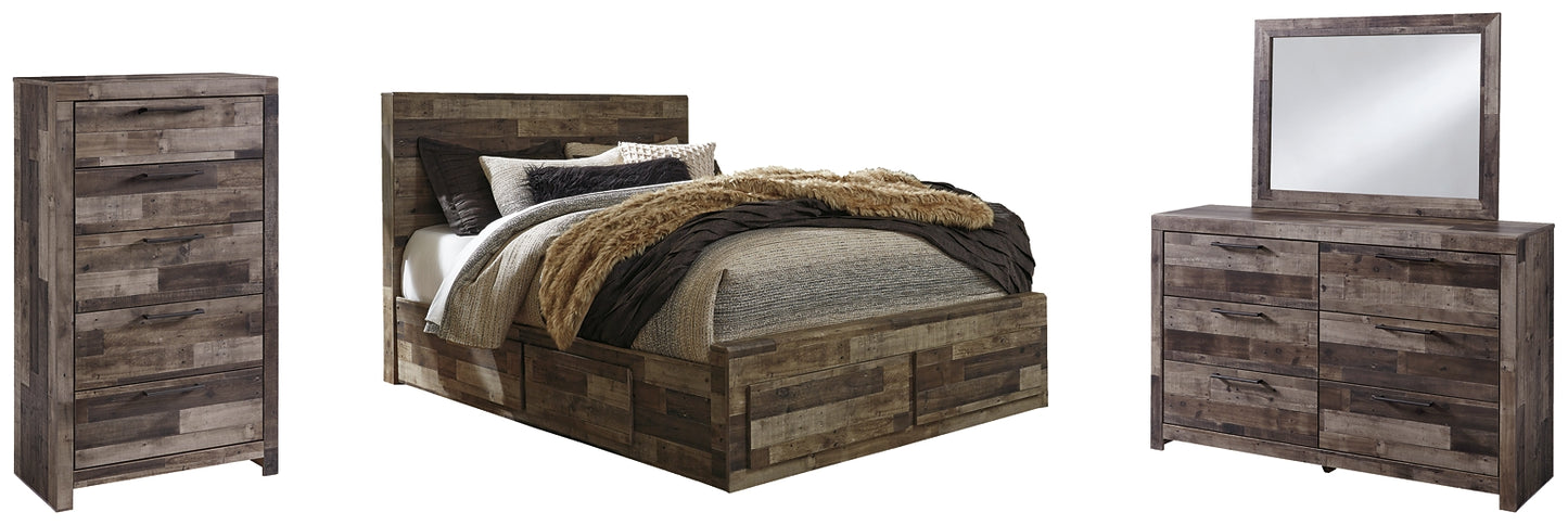 Derekson Queen Panel Bed with 4 Storage Drawers with Mirrored Dresser and Chest - Premier Furniture & Mattress