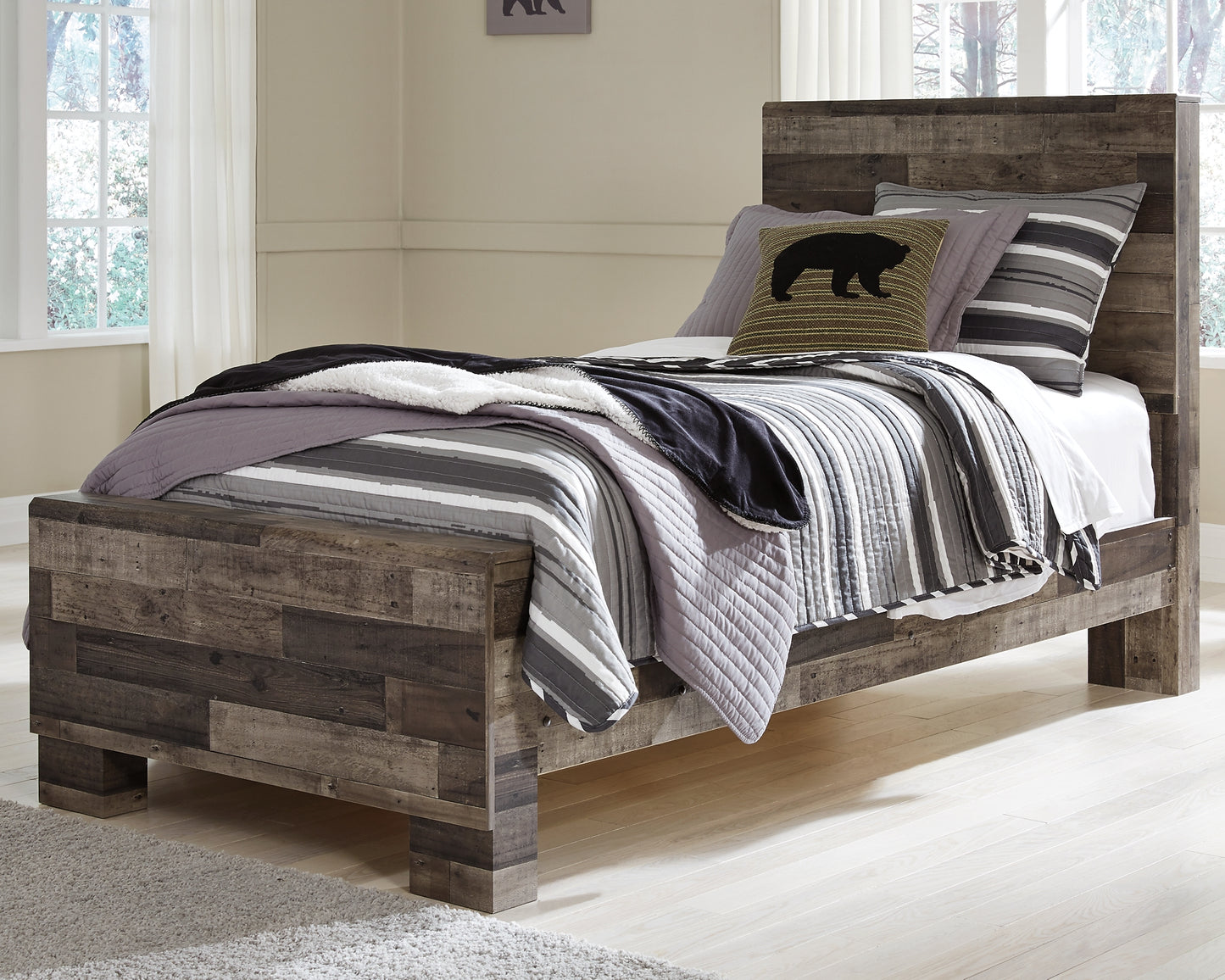Derekson Twin Panel Bed with Mirrored Dresser and Chest - Premier Furniture & Mattress