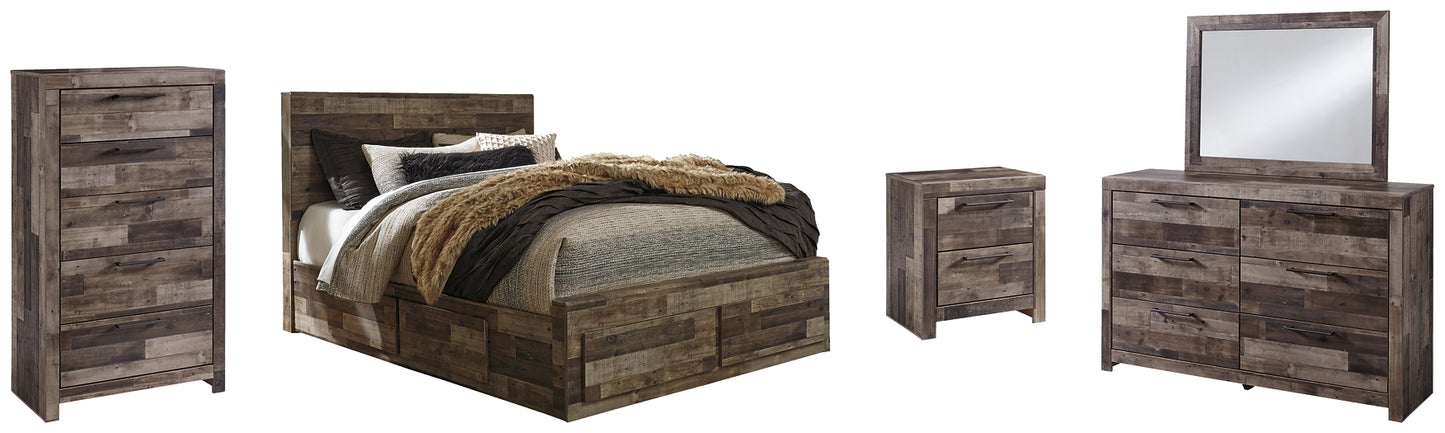 Derekson Queen Panel Bed with 4 Storage Drawers with Mirrored Dresser, Chest and Nightstand - Premier Furniture & Mattress