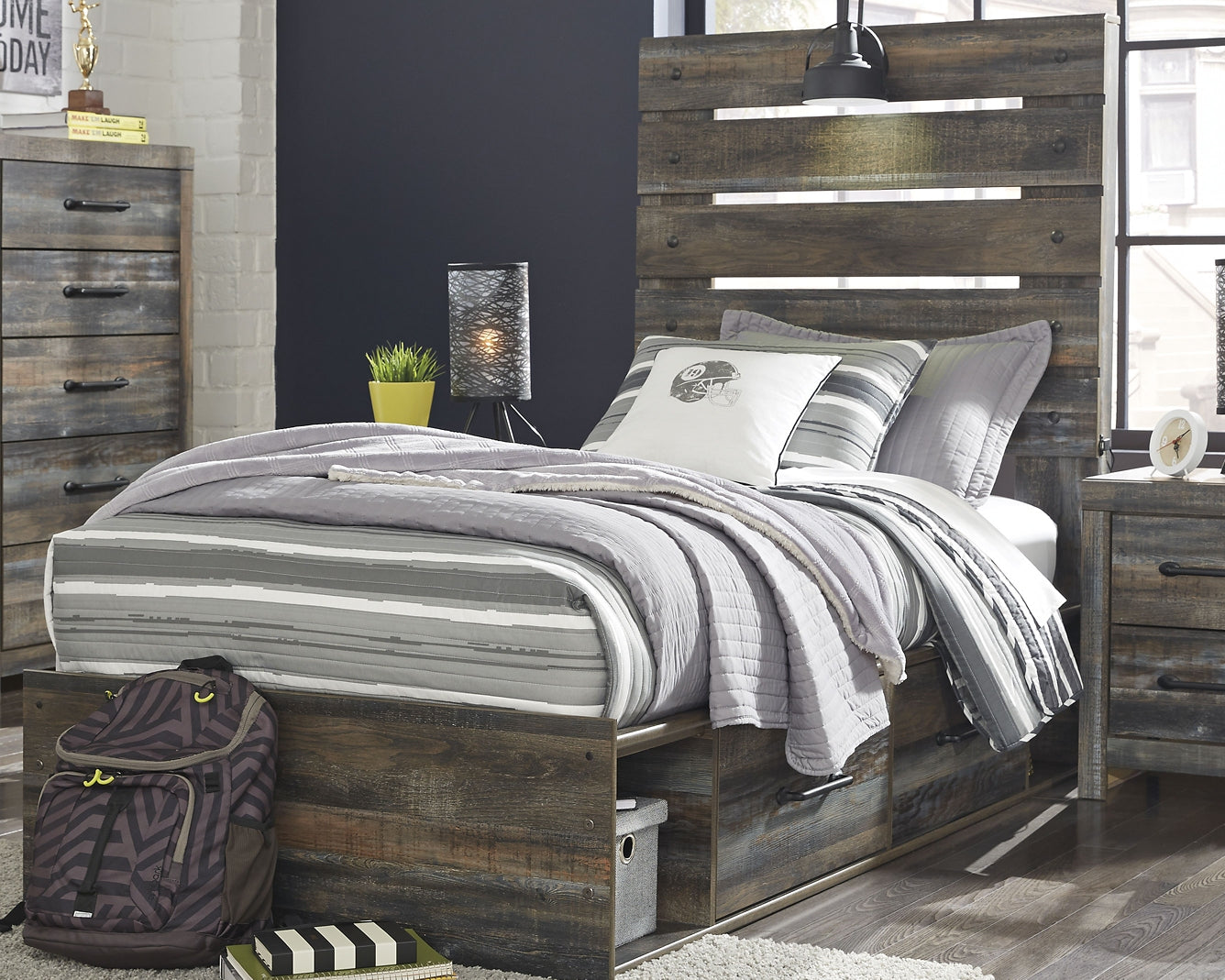 Drystan Twin Panel Bed with 4 Storage Drawers with Mirrored Dresser and Chest - Premier Furniture & Mattress