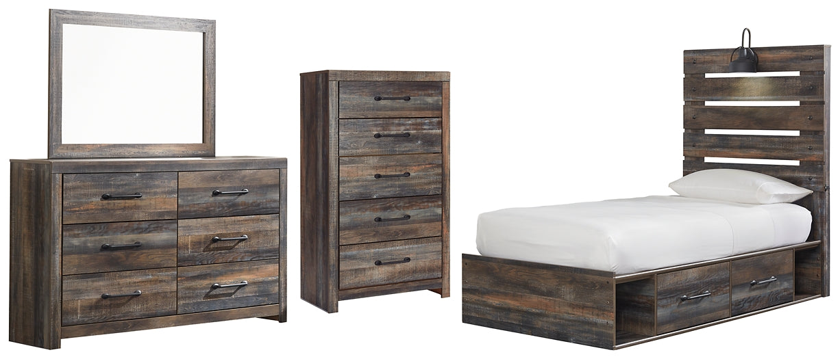 Drystan Twin Panel Bed with 4 Storage Drawers with Mirrored Dresser and Chest - Premier Furniture & Mattress