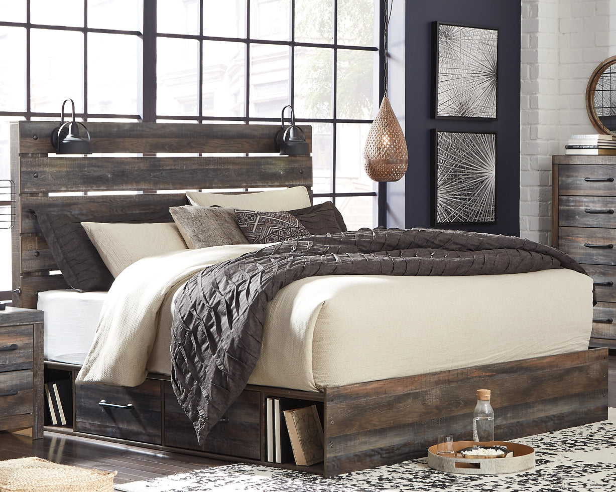 Drystan King Panel Bed with 2 Storage Drawers with Mirrored Dresser, Chest and Nightstand - Premier Furniture & Mattress