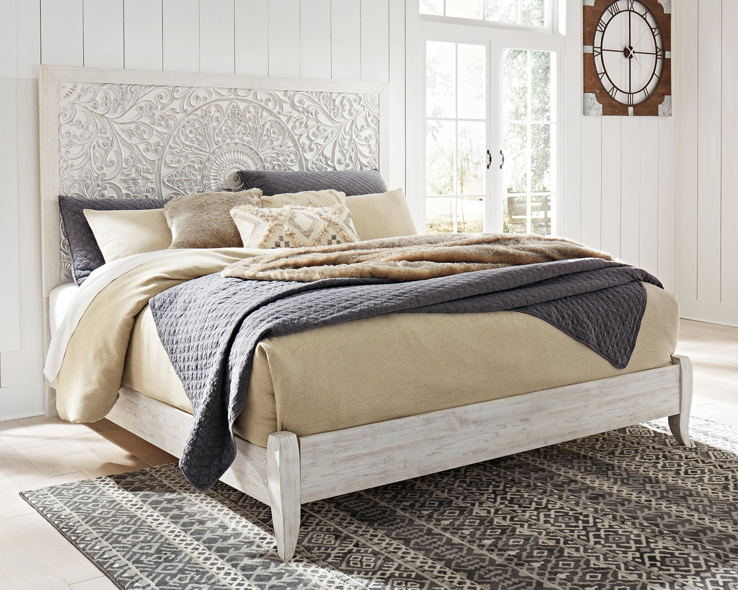Paxberry King Panel Bed with Mirrored Dresser and Chest - Premier Furniture & Mattress