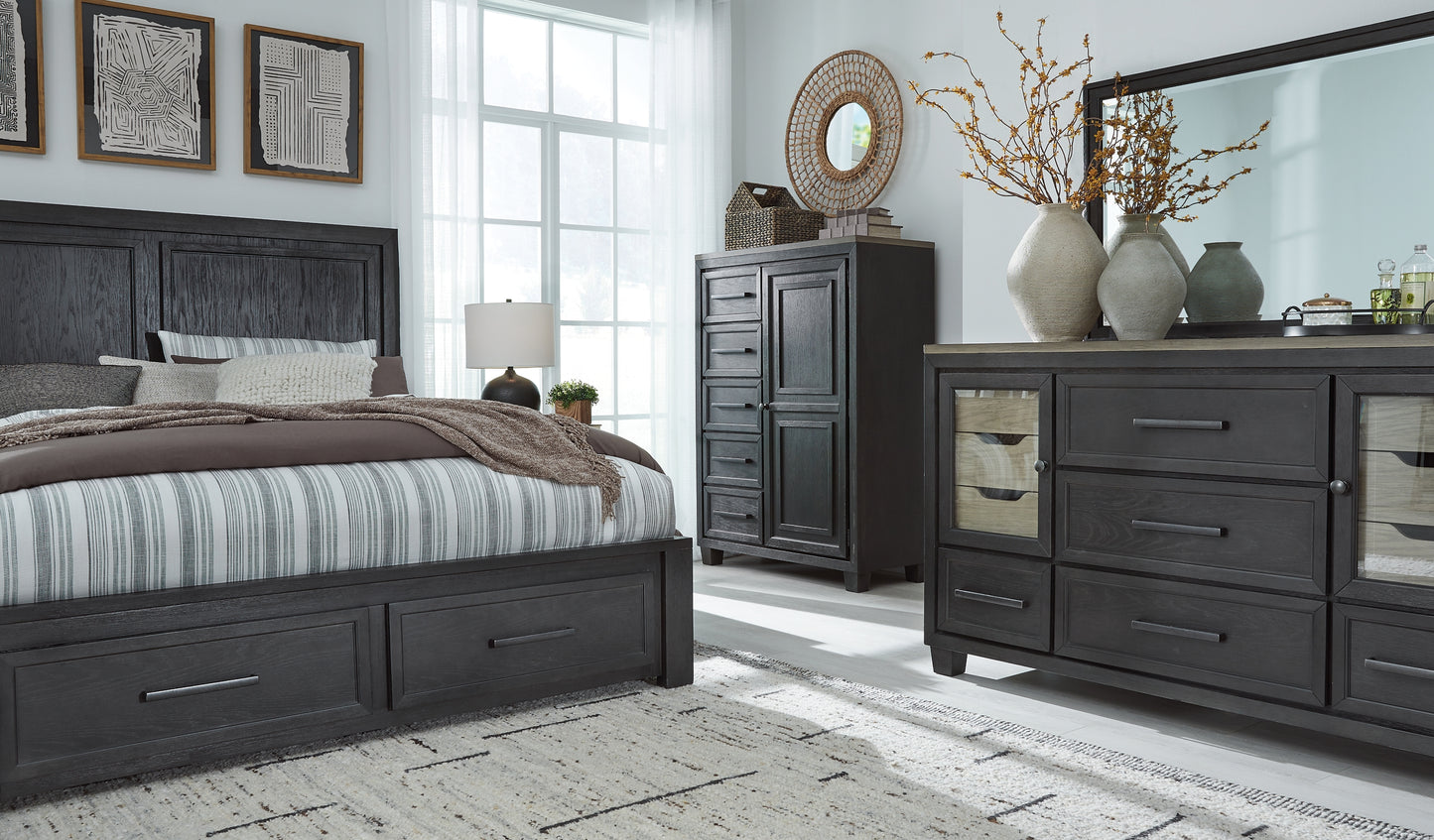 Foyland King Panel Storage Bed with Mirrored Dresser, Chest and Nightstand - Premier Furniture & Mattress