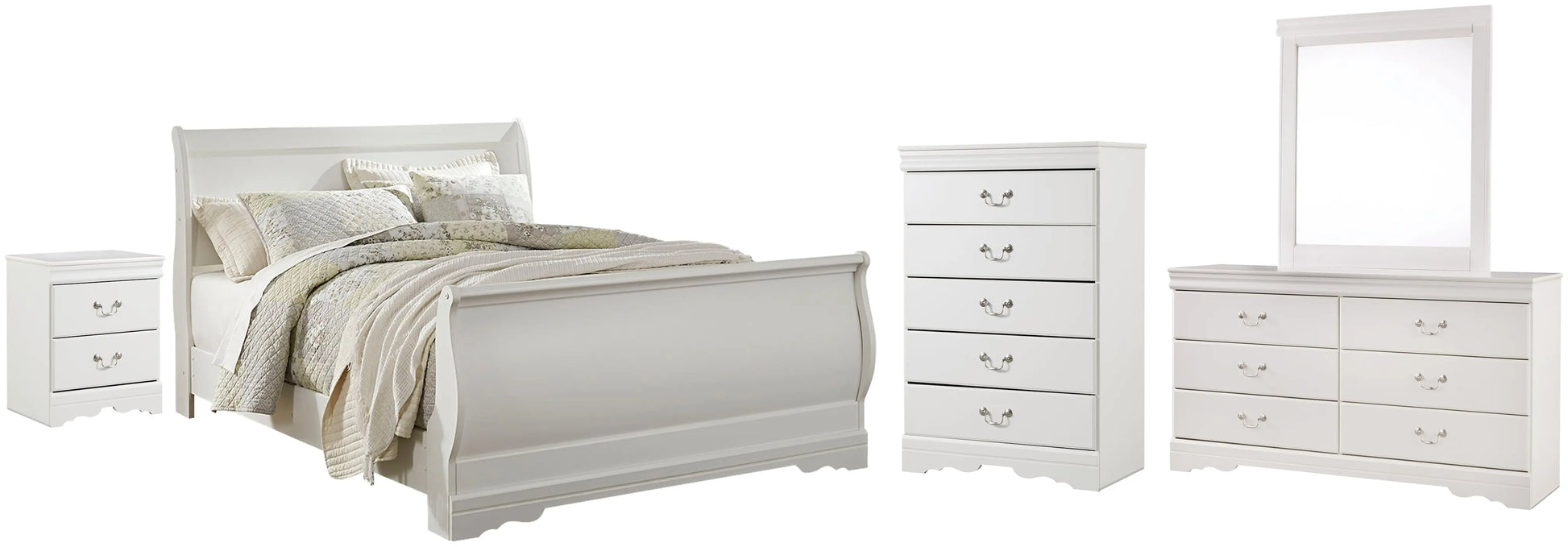 Anarasia Queen Sleigh Bed with Mirrored Dresser, Chest and Nightstand - Premier Furniture & Mattress
