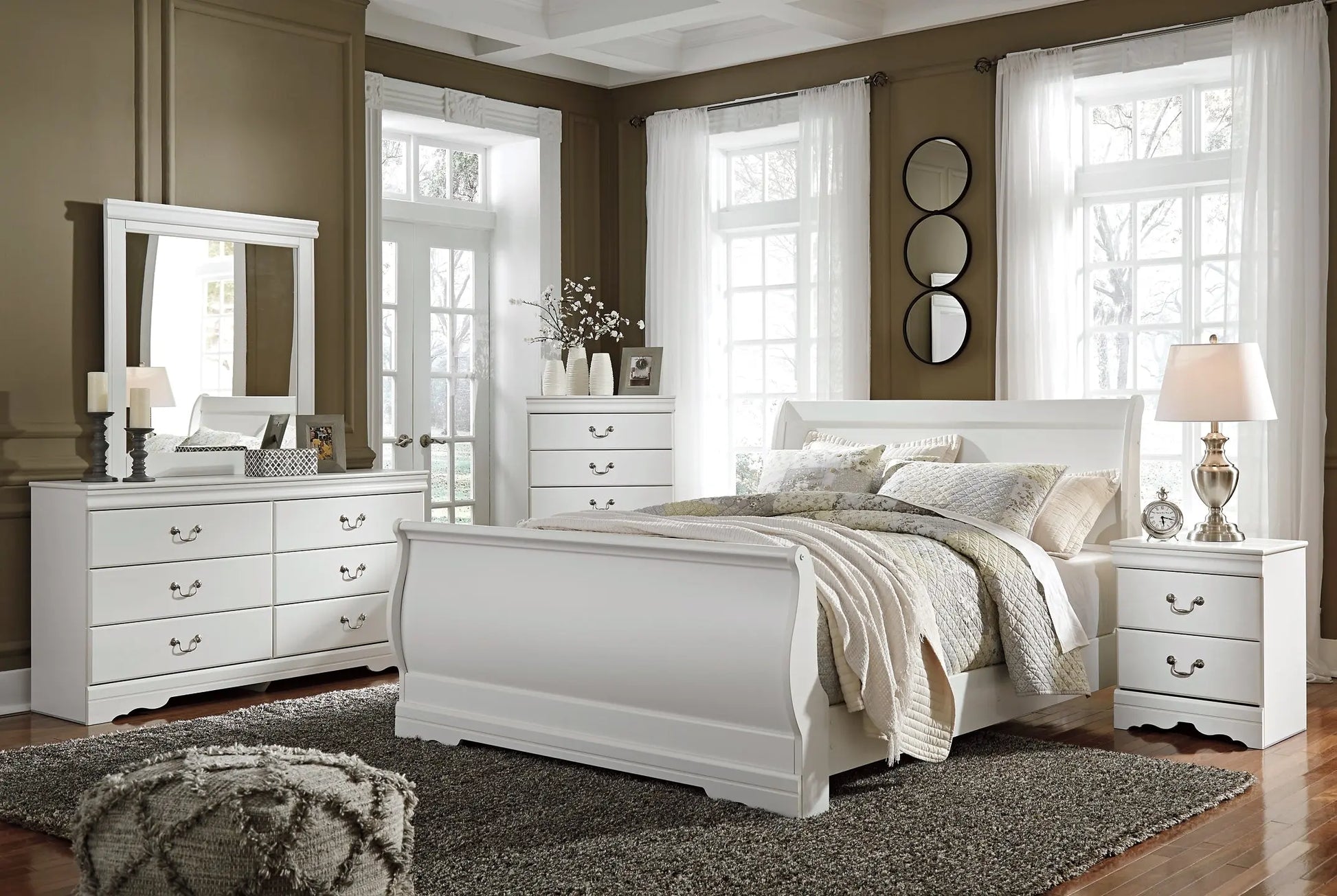 Anarasia Queen Sleigh Bed with Mirrored Dresser, Chest and Nightstand - Premier Furniture & Mattress