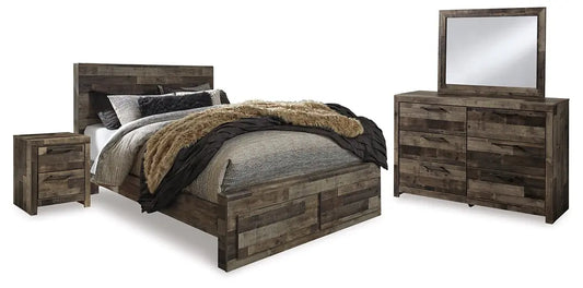 Derekson Queen Panel Bed with 2 Storage Drawers with Mirrored Dresser and Nightstand - Premier Furniture & Mattress