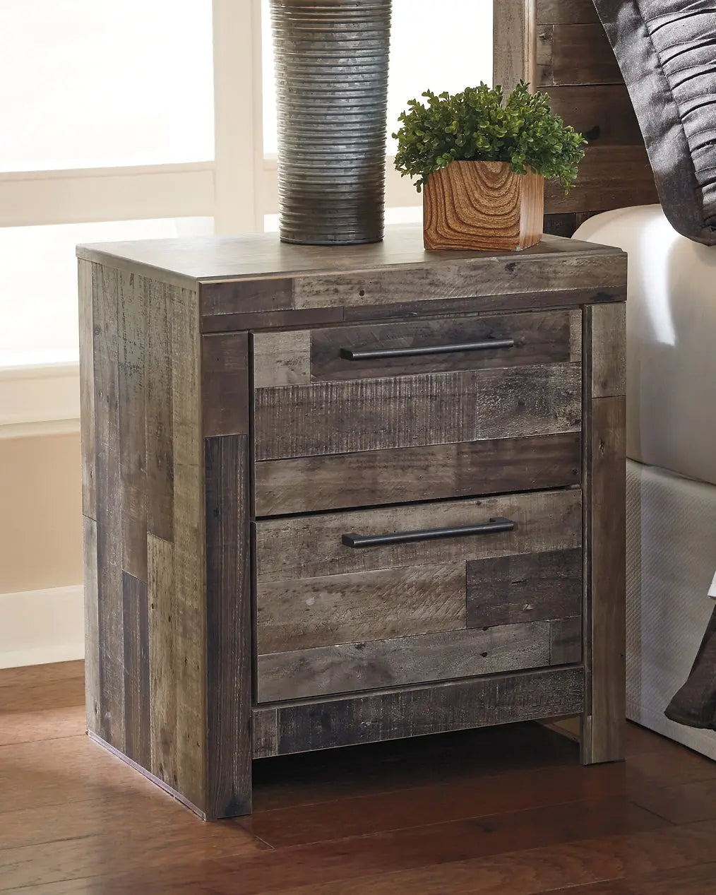 Derekson Queen Panel Bed with 2 Storage Drawers with Mirrored Dresser and Nightstand Premier Furniture & Mattress