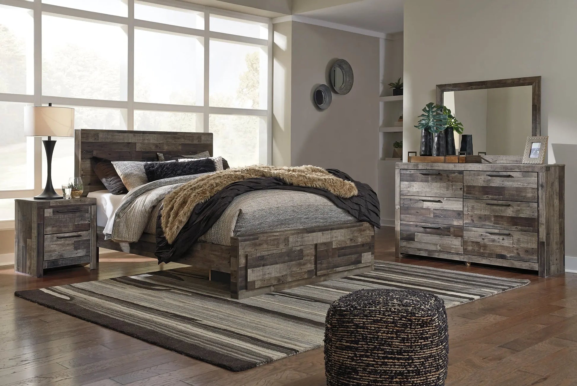 Derekson Queen Panel Bed with 2 Storage Drawers with Mirrored Dresser and Nightstand Premier Furniture & Mattress