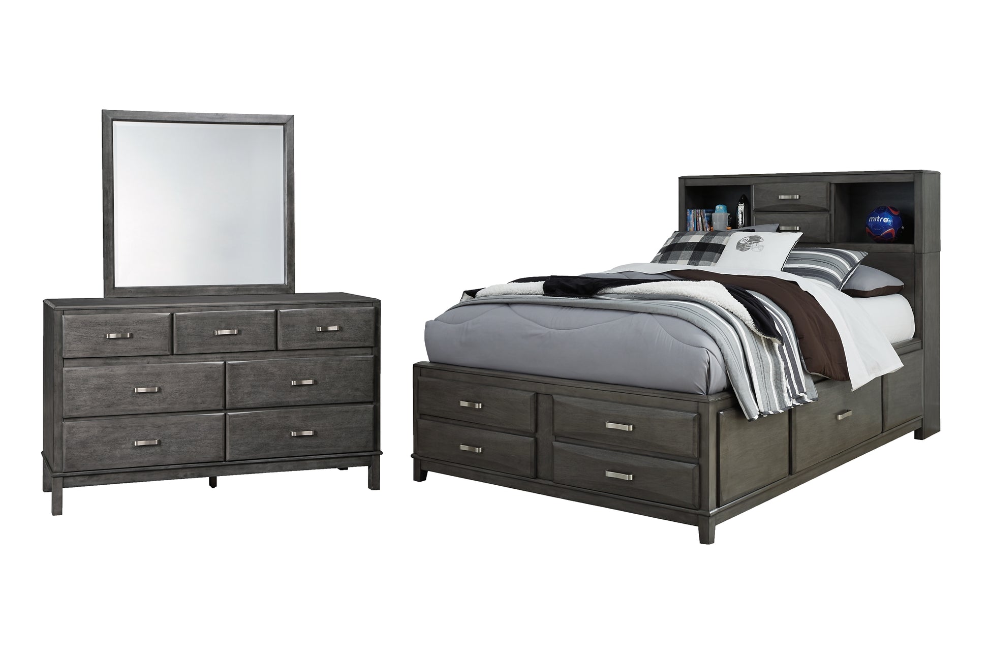 Caitbrook Storage Bed With 8 Storage Drawers With Mirrored Dresser - Premier Furniture & Mattress