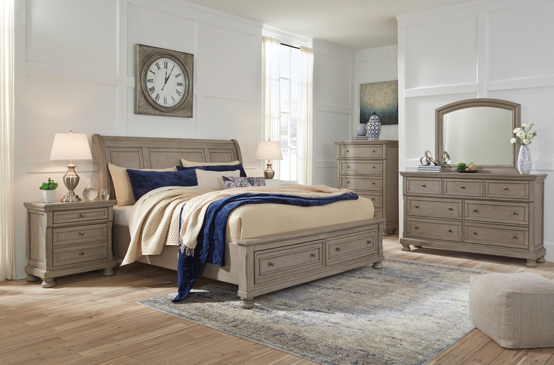 Lettner King Sleigh Bed with 2 Storage Drawers with Mirrored Dresser - Premier Furniture & Mattress