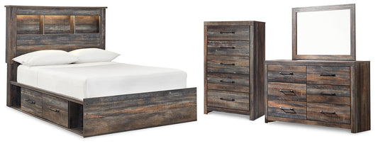 Drystan Full Bookcase Bed with 4 Storage Drawers with Mirrored Dresser and Chest - Premier Furniture & Mattress
