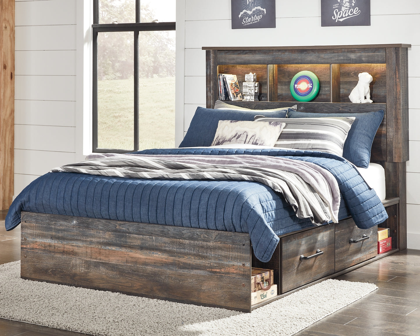 Drystan Full Bookcase Bed with 4 Storage Drawers with Mirrored Dresser and Chest - Premier Furniture & Mattress