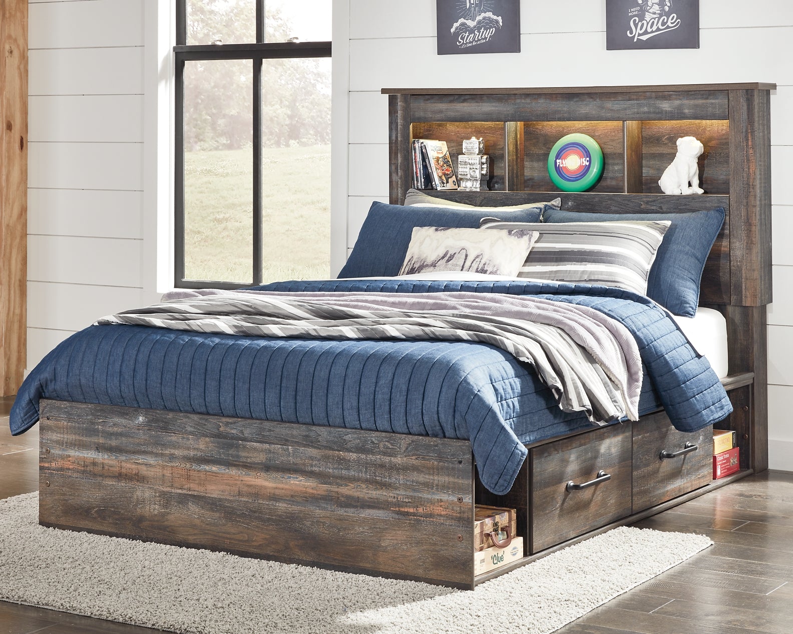 Drystan Full Bookcase Bed with 4 Storage Drawers with Mirrored Dresser and Chest - Premier Furniture & Mattress