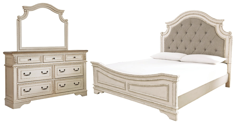 Realyn King Upholstered Panel Bed with Mirrored Dresser - Premier Furniture & Mattress