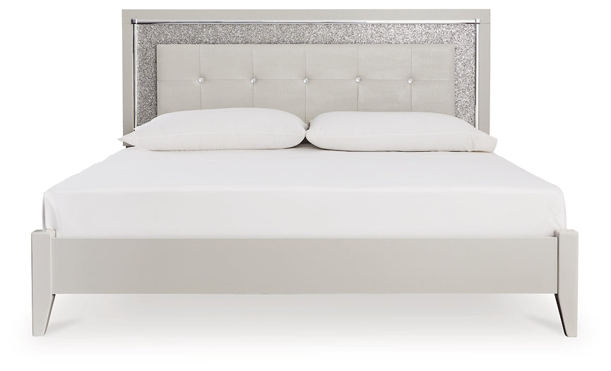 Zyniden King Upholstered Panel Bed with Mirrored Dresser, Chest and Nightstand