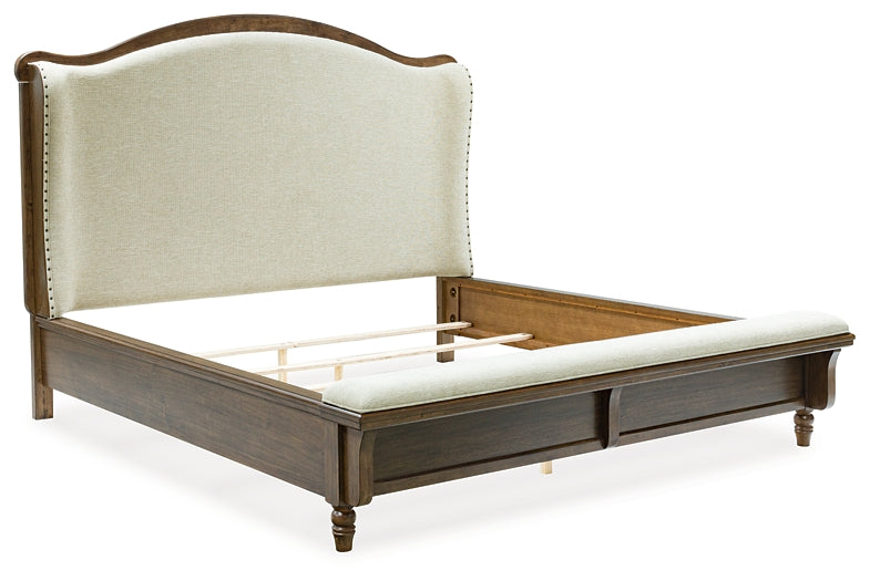Sturlayne King Upholstered Panel Bed with Mirrored Dresser and Nightstand