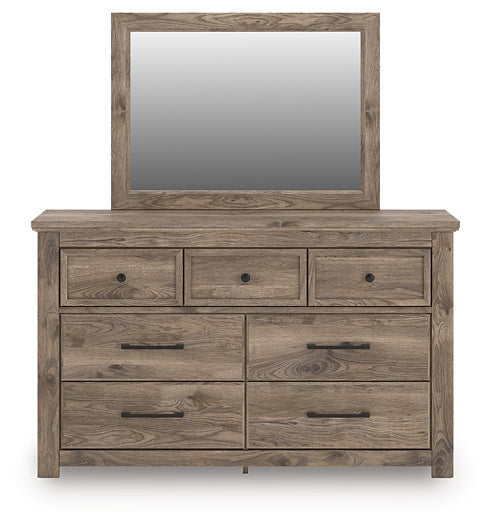 Rusticott Queen Poster Bed with Mirrored Dresser and Nightstand