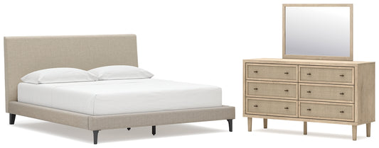 Cielden California King Upholstered Bed with Roll Slats, Dresser and Mirror