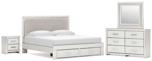 Zuraleus King Upholstered Panel Platform Storage Bed, Dresser, Mirror and Nightstand