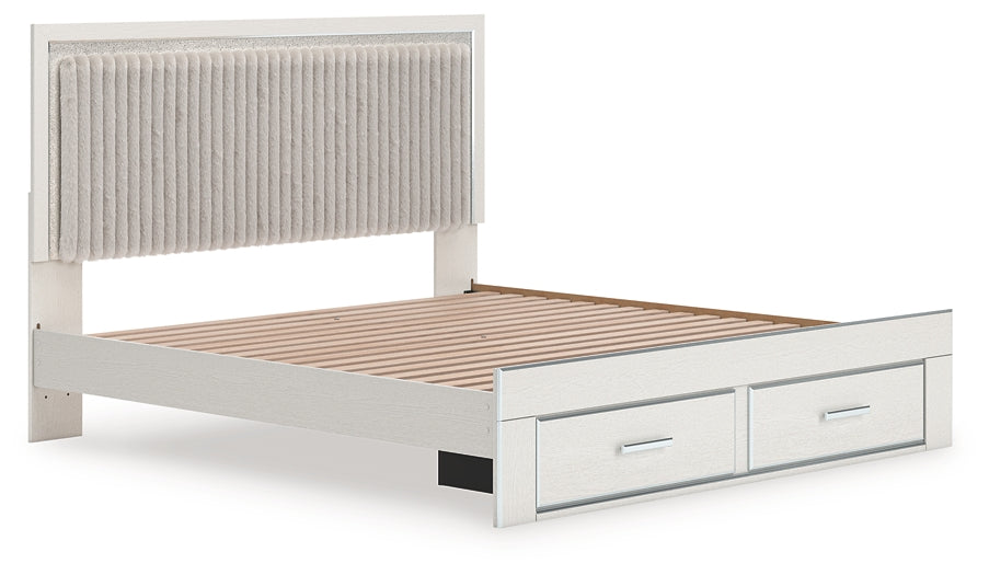 Zuraleus King Upholstered Panel Platform Storage Bed, Dresser, Mirror and Nightstand