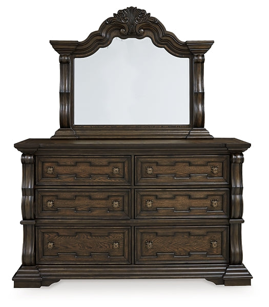Maylee Queen Canopy Bed, Dresser, Mirror and Nightstand