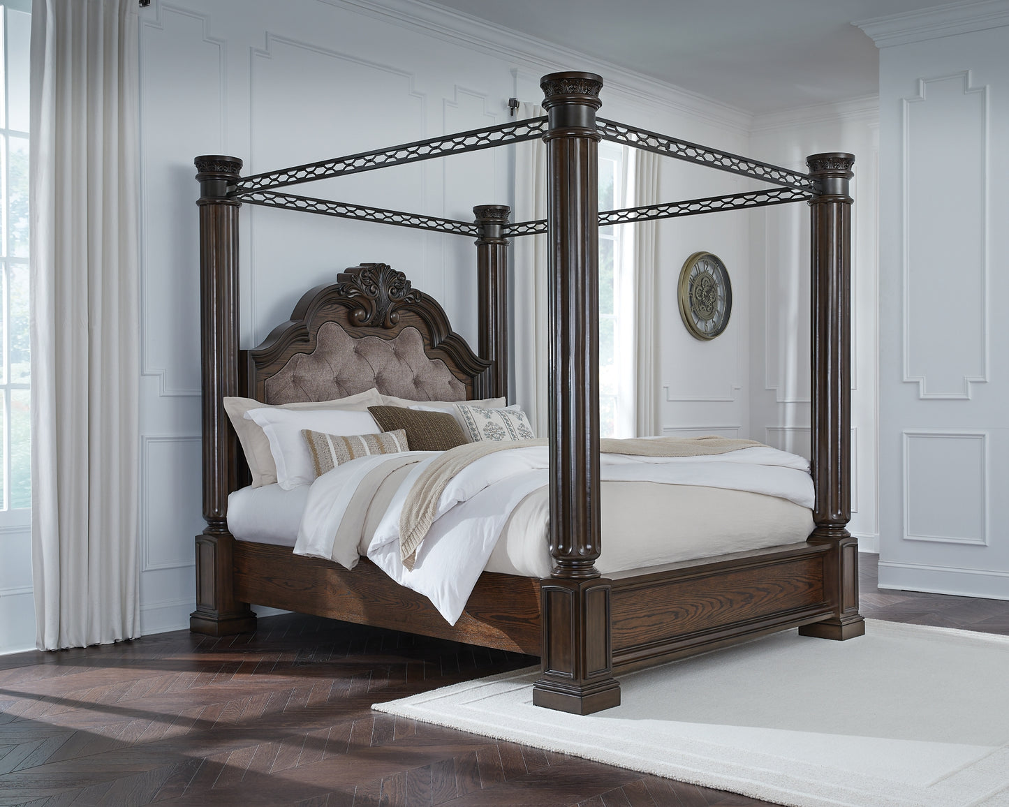 Maylee Queen Canopy Bed, Dresser, Mirror and Nightstand