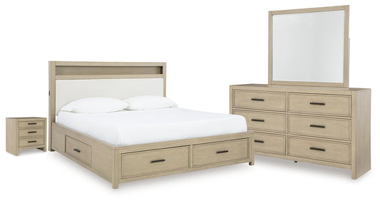 Calmoro King Bookcase Bed with Mirrored Dresser and Nightstand
