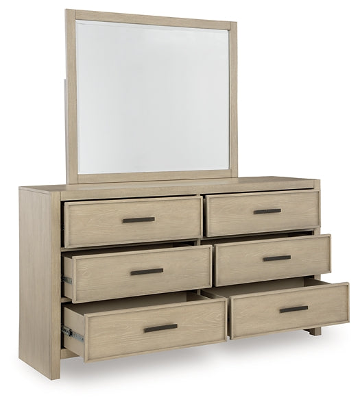 Calmoro Queen Bookcase Bed with Mirrored Dresser and Nightstand