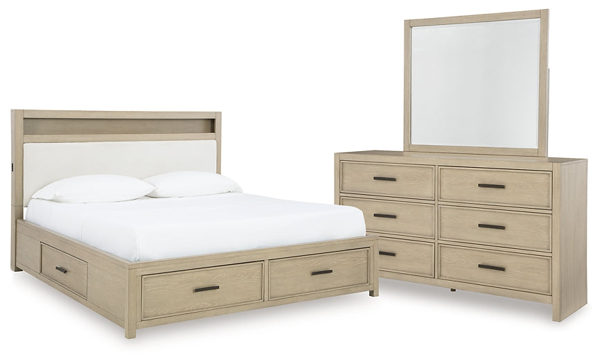 Calmoro California King Bookcase Bed with Mirrored Dresser
