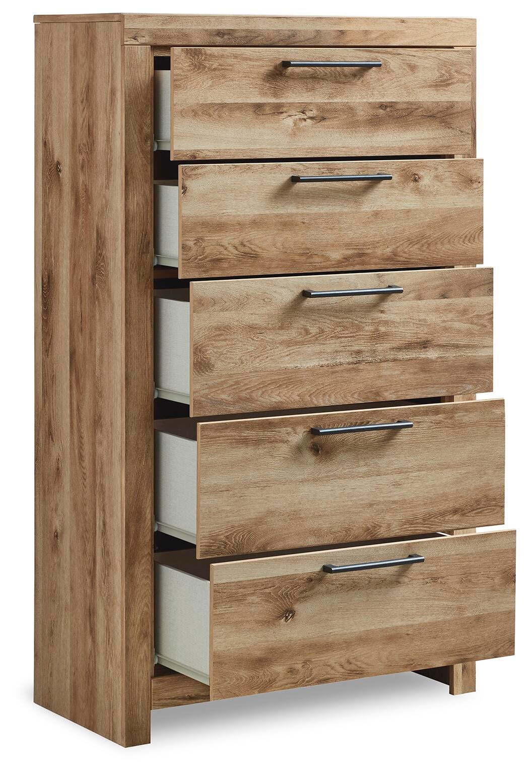 Hyanna Queen Panel Storage Bed with 1 Under Bed Storage Drawer, Dresser, Mirror, Chest and Nightstand