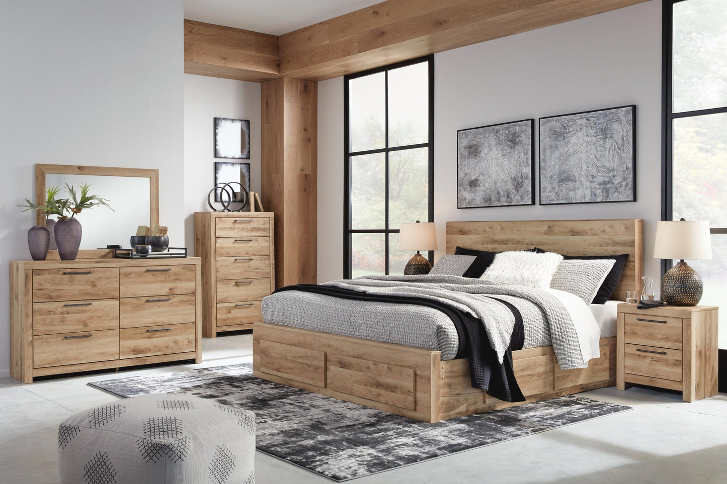 Hyanna King Panel Storage Bed with 2 Under Bed Storage Drawers, Dresser and Mirror