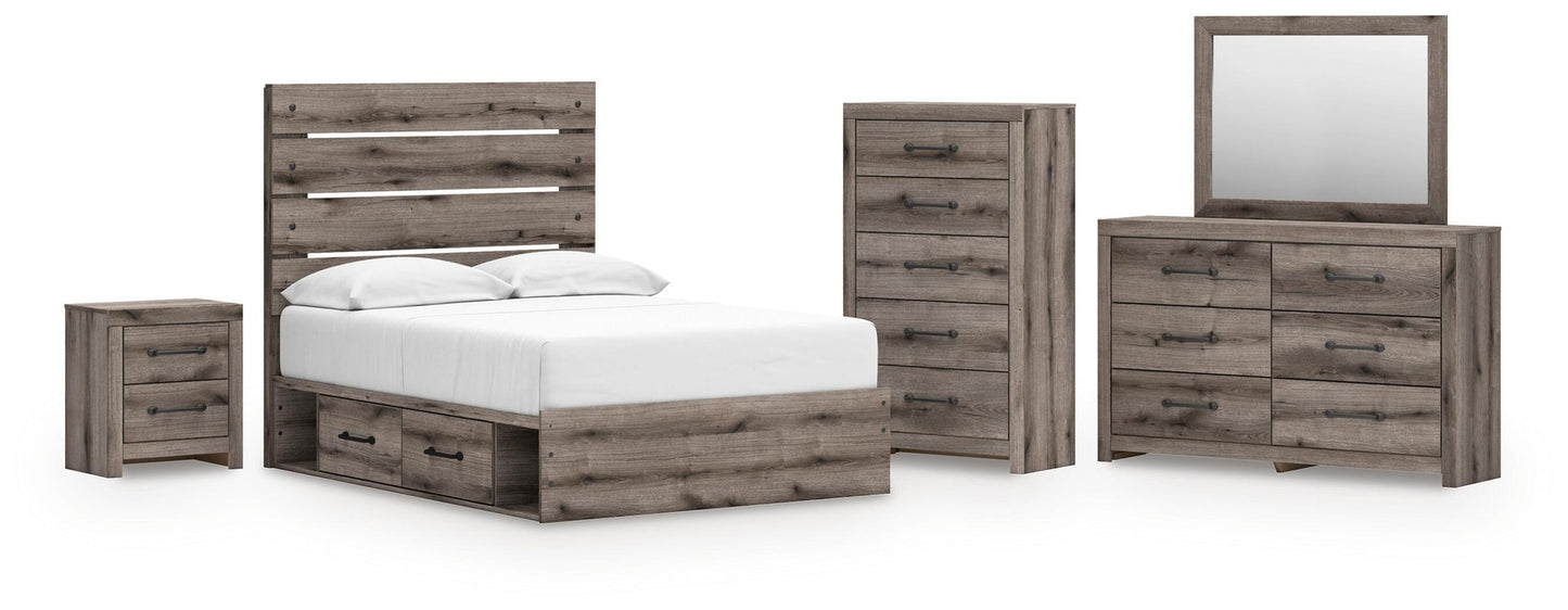 Graystorm Full Panel Bed with Storage, Dresser, Mirror, Chest and Nightstand