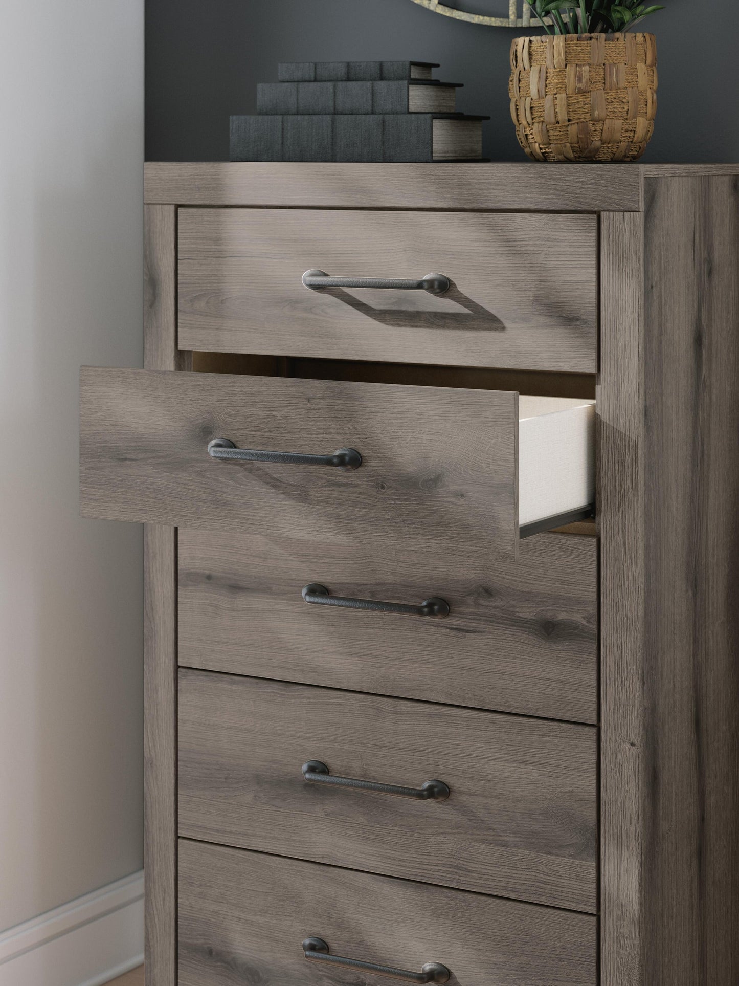 Graystorm Full Panel Bed with Storage, Dresser, Mirror, Chest and Nightstand