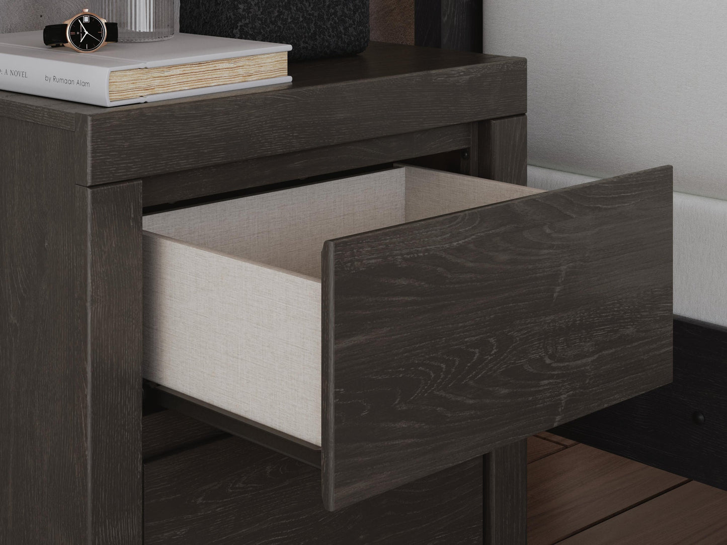Fraluna Queen Panel Storage Bed, Dresser, Mirror and Nightstand