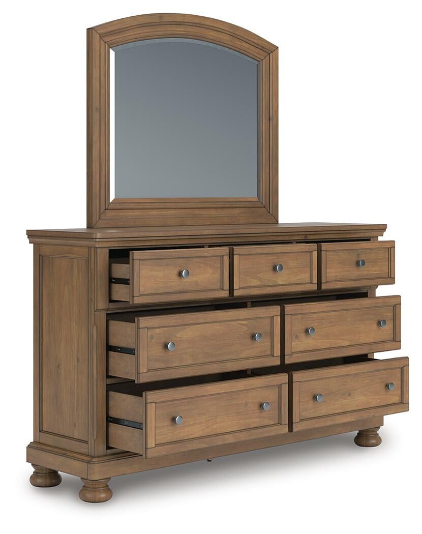 Feddinger King Storage Sleigh Bed with Mirrored Dresser and Nightstand