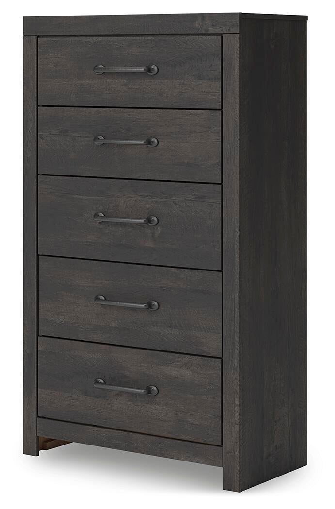 Hollivern King Panel Bed, Dresser, Mirror, Chest and Nightstand