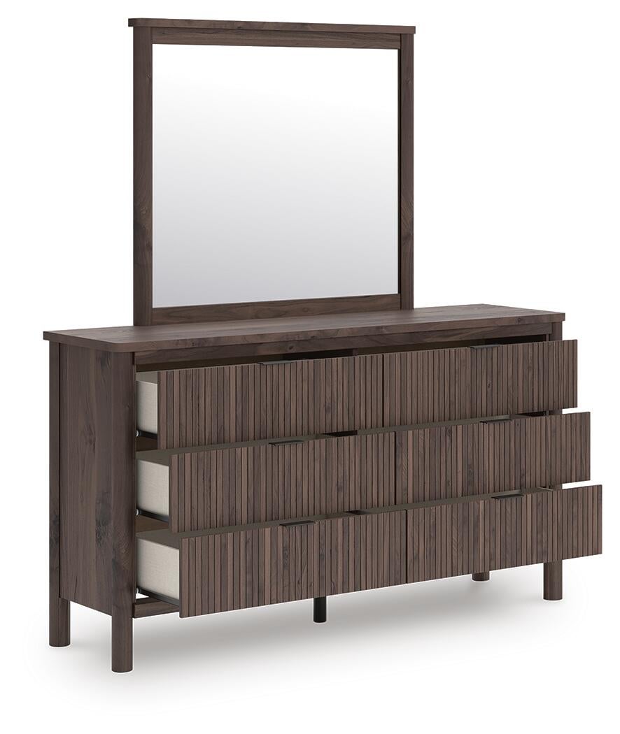 Pamytta Twin Upholstered Panel Platform Bed, Dresser, Mirror and Nightstand