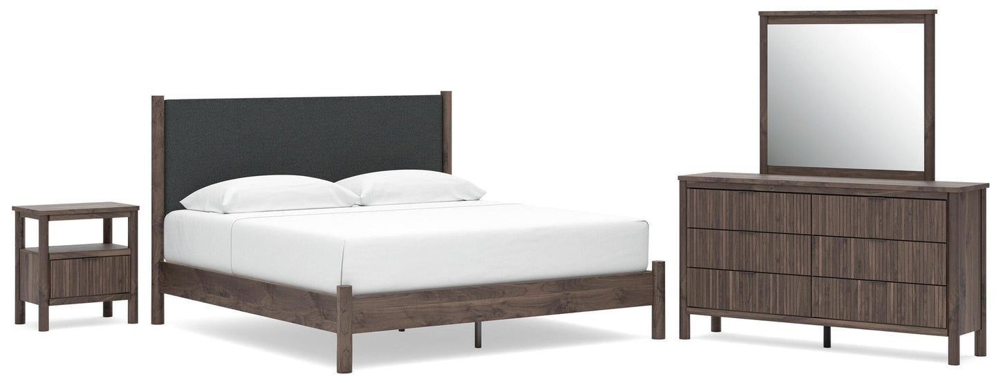 Pamytta King Upholstered Panel Platform Bed, Dresser, Mirror and Nightstand