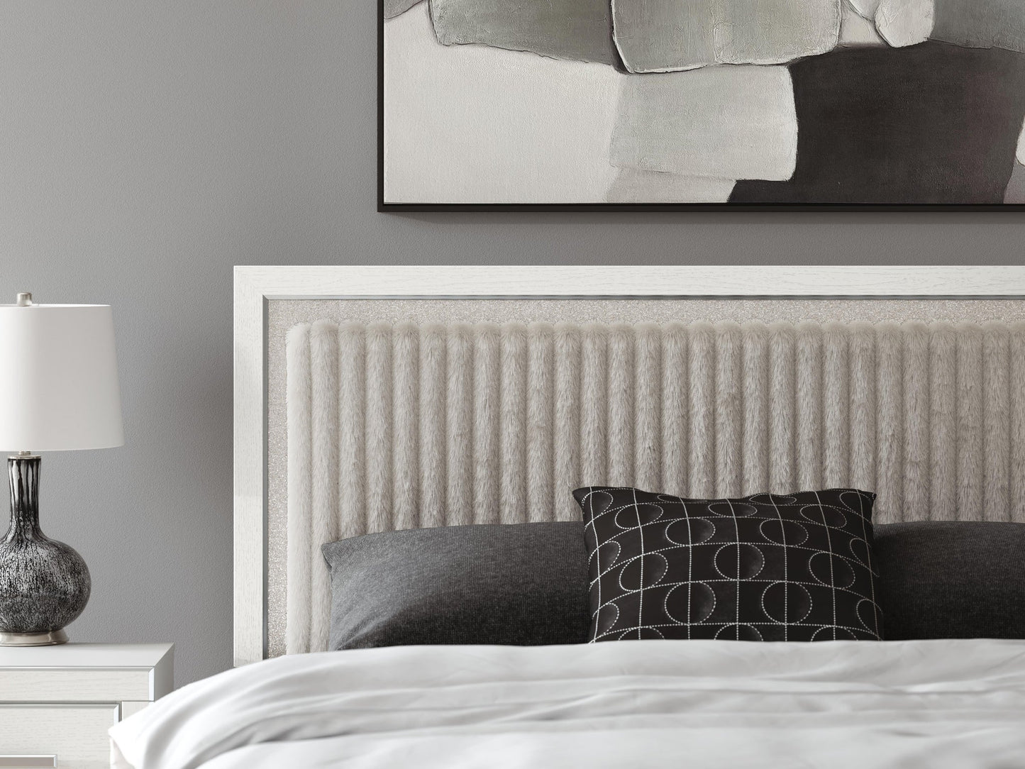 Zuraleus King Upholstered Panel Platform Storage Bed, Dresser, Mirror and Nightstand