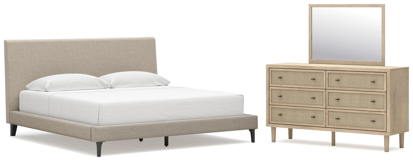 Cielden King Upholstered Bed with Roll Slats, Dresser and Mirror