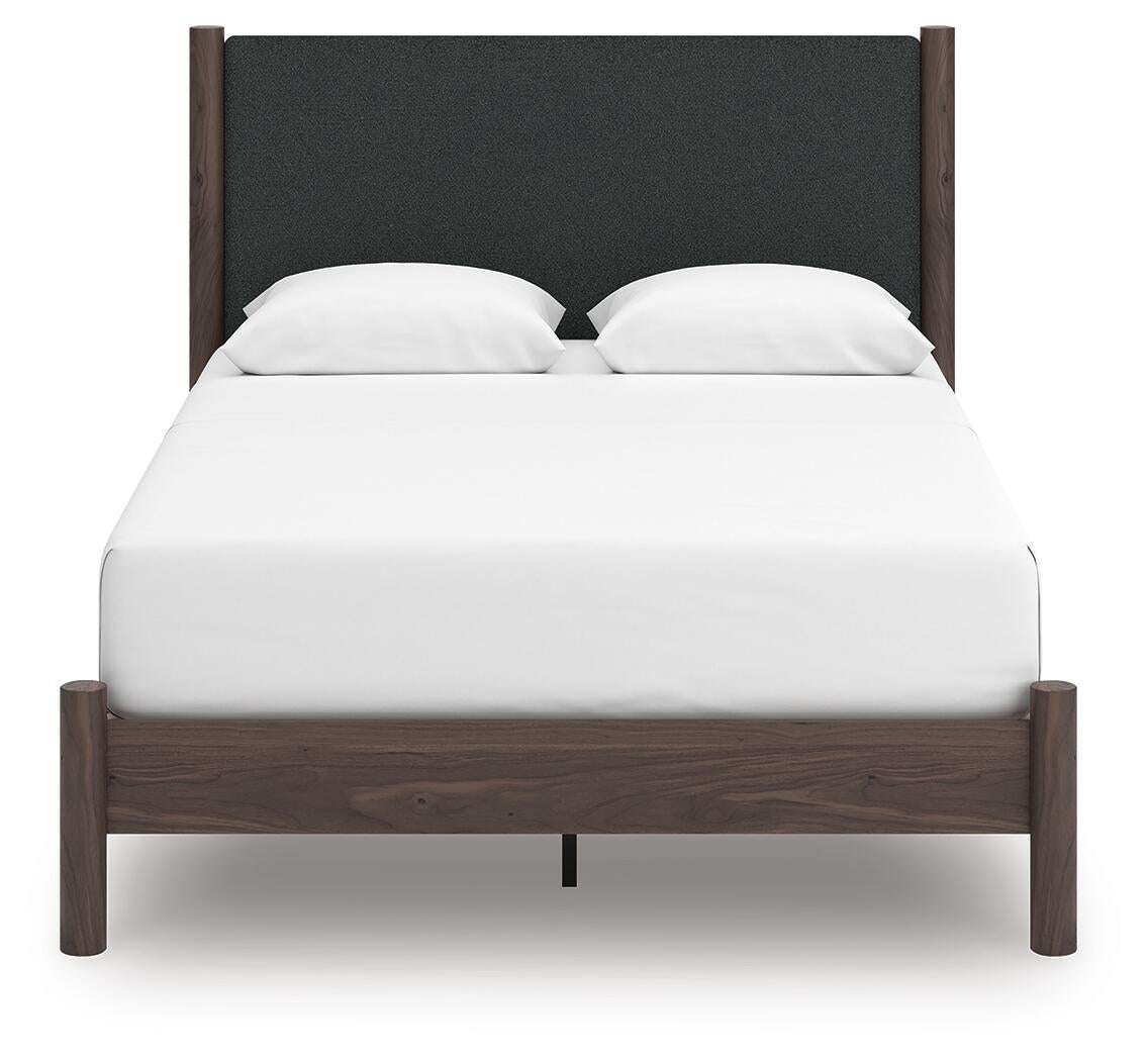 Pamytta Queen Upholstered Panel Platform Bed, Dresser, Mirror and Nightstand