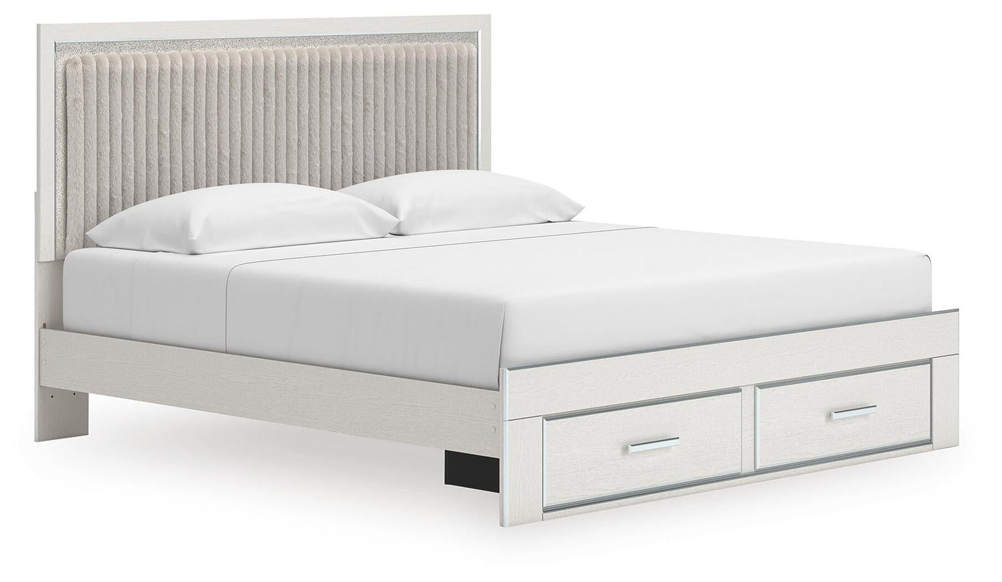 Zuraleus King Upholstered Panel Platform Storage Bed, Dresser and Mirror