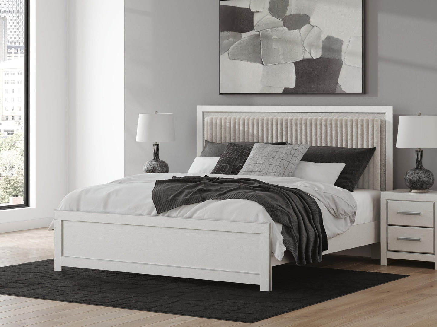 Zuraleus King Upholstered Panel Platform Bed, Dresser, Mirror and Nightstand