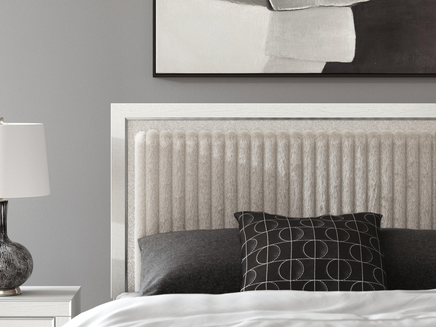 Zuraleus Queen Upholstered Panel Platform Bed, Dresser, Mirror and Nightstand