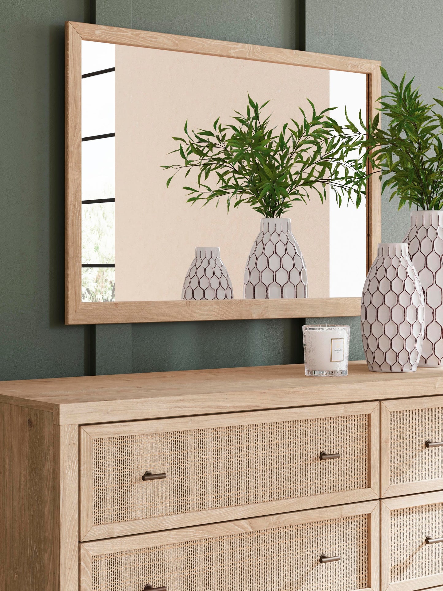 Cielden Full Upholstered Bed with Roll Slats, Dresser, Mirror and Nightstand