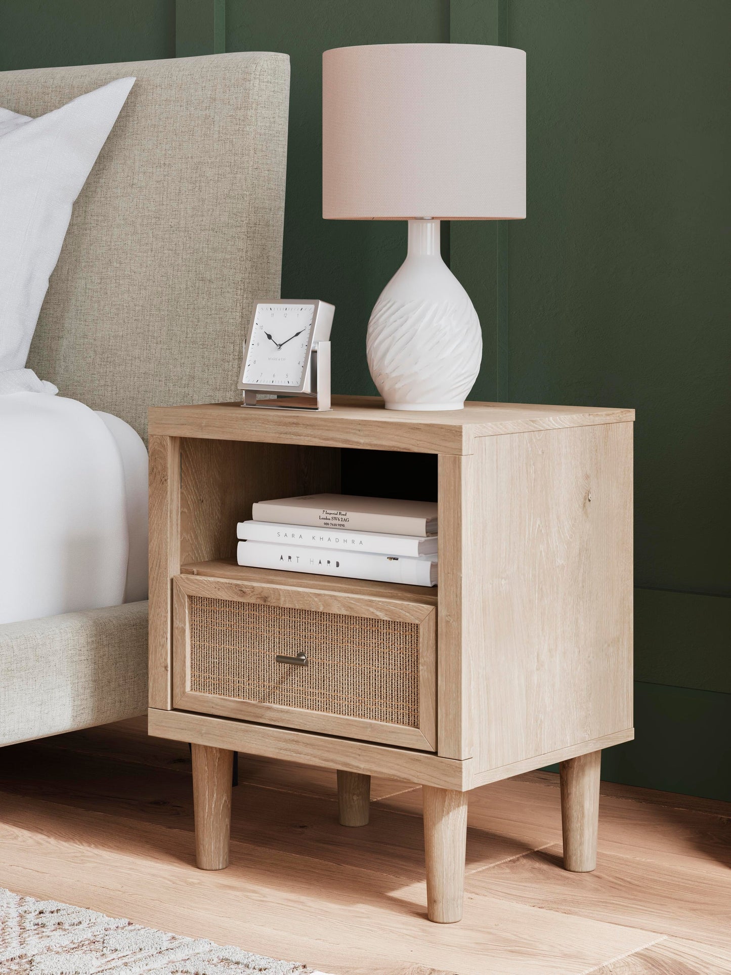 Cielden King Upholstered Bed with Roll Slats, Dresser, Mirror, Chest and Nightstand